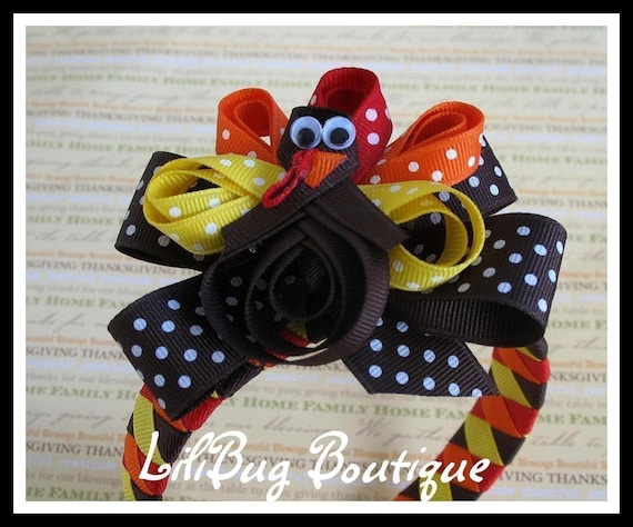 LiliBug Fall Turkey 3-in-1 Woven Headband and HairBow Set