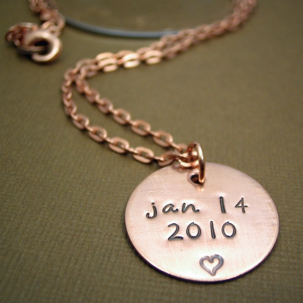 Personalized Copper Pendant Necklace - Custom Handstamped for Anniversary, Wedding, Birthdate, Names