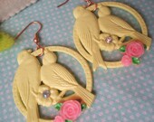 Vintage Plastic Lovebird Earrings Swarovski Crystal Rhinestone