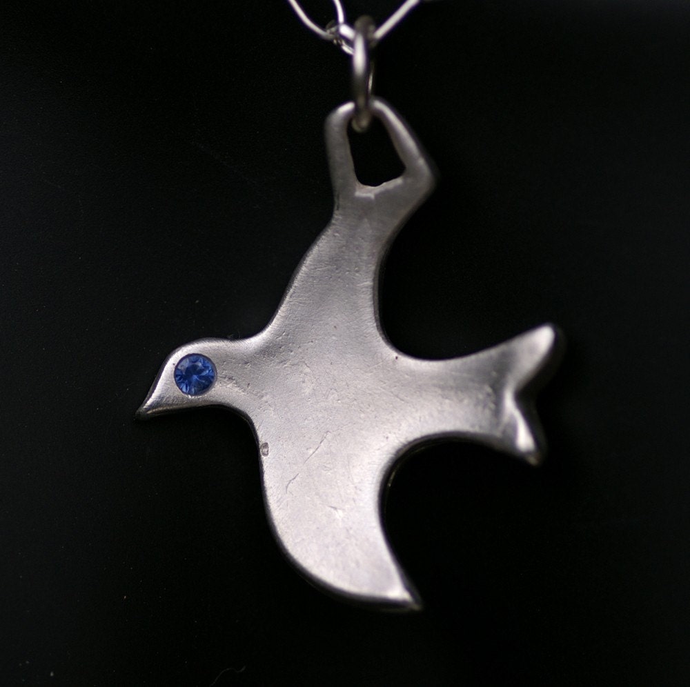 Silver Peace Dove with Sapphire Eye - No Chain - Made to Order