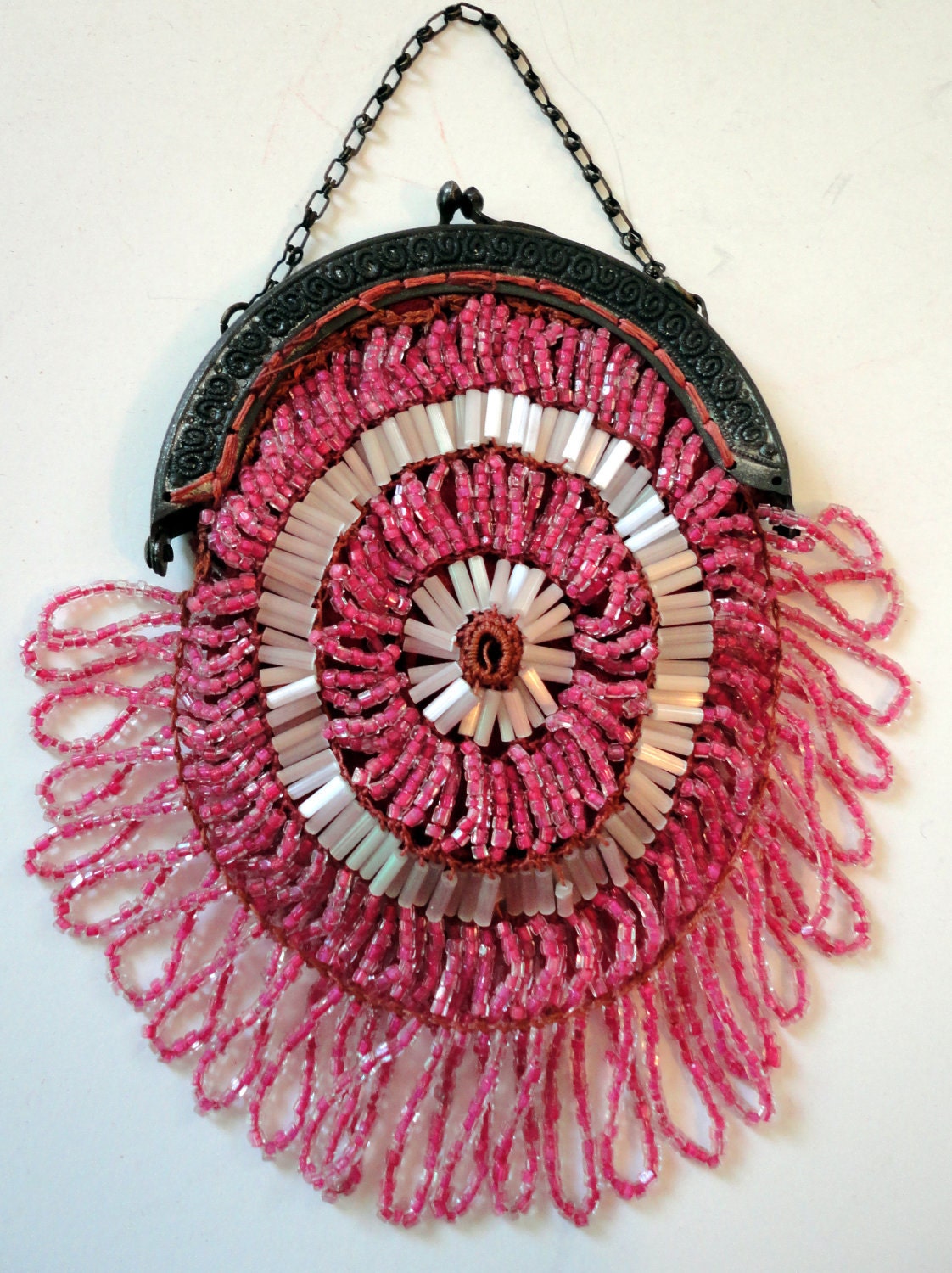 Vintage Beaded Flapper Purse 1920s Antique Rose Pink and Silver