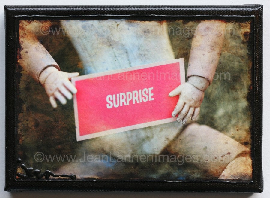 OOAK The Surprise Card In Hand-Orig Altered Photo on Canvas-5x7 of Vintage French Doll w/ Pink Surprise Game Card, textured By Jean Lannen