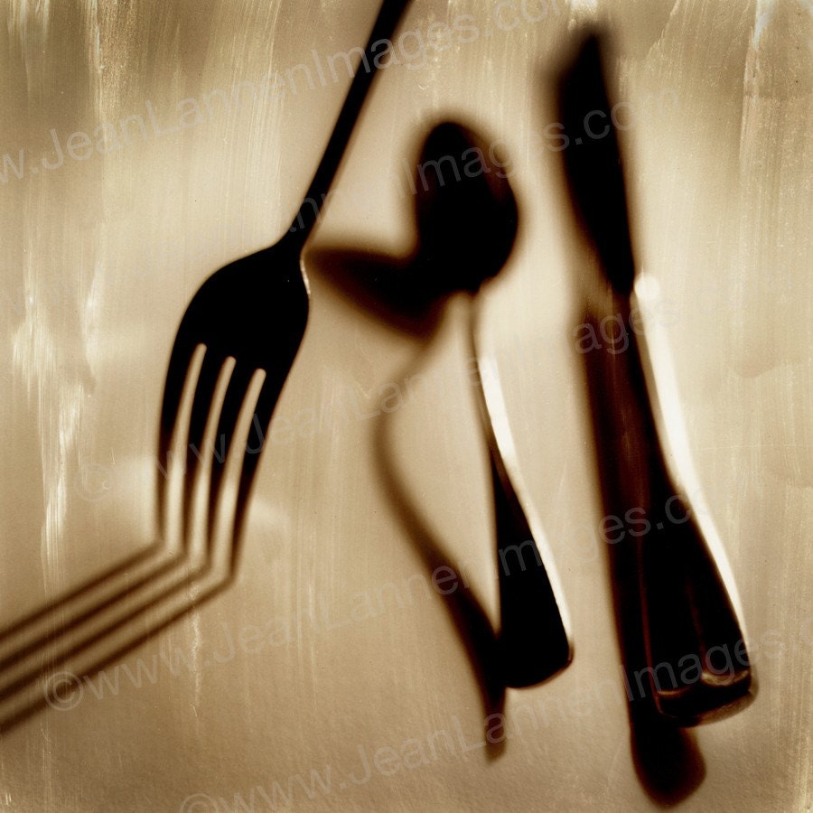 Got Fork - Photograph Print - 7x7 Sepia Shadows Decay, Old, Antique Look, Vintage Style, Flatware, Spoon, Knife, Tea Coffee  by Jean Lannen