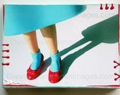 Wizard of Oz, Altered Photo, 1 of a kind, Dorothy's Red Ruby Slippers,on Canvas, Retro Doll Turquoise Aqua Dress Shiny Spots by Jean Lannen
