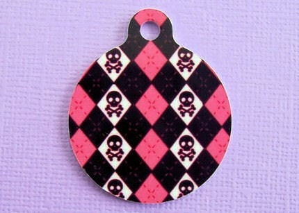 Pink Skull and Argyle- Medium Dog/Cat ID Tag- Aluminum- Custom