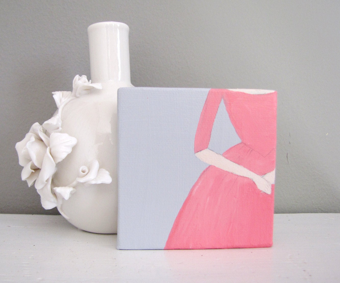 PINK WOMAN Art Original Acrylic on Canvas Painting 3x3 ROCOCO Dress Salmon Grey Shabby Chic - "Clemence"
