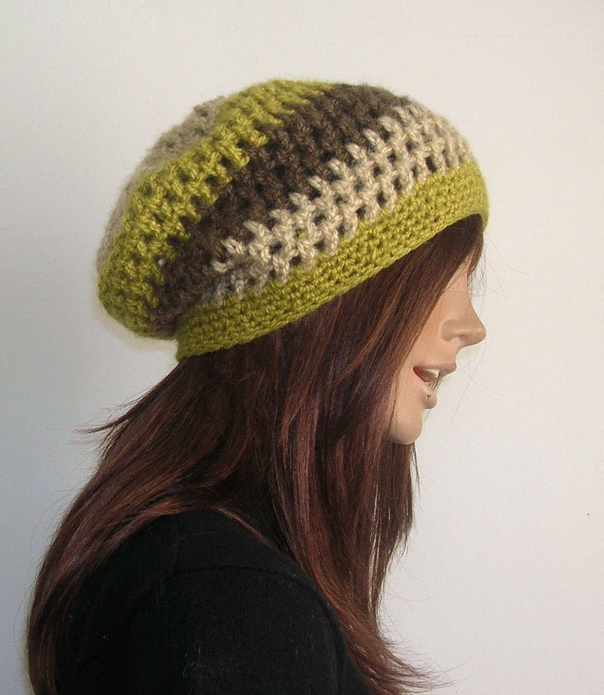Crochet Rasta Hippie Beret - Dreadlocks - Slouchy Hat - Lemon Grass-Camel-Brown