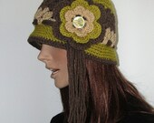 Flapper Fannie Meets Hippie Mama - Crochet Hat - Camel - Chartreuse - Brown