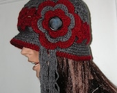 Flapper Fannie Meets Hippie Mama Crochet Hat - Vintage Button - Chili and Grey