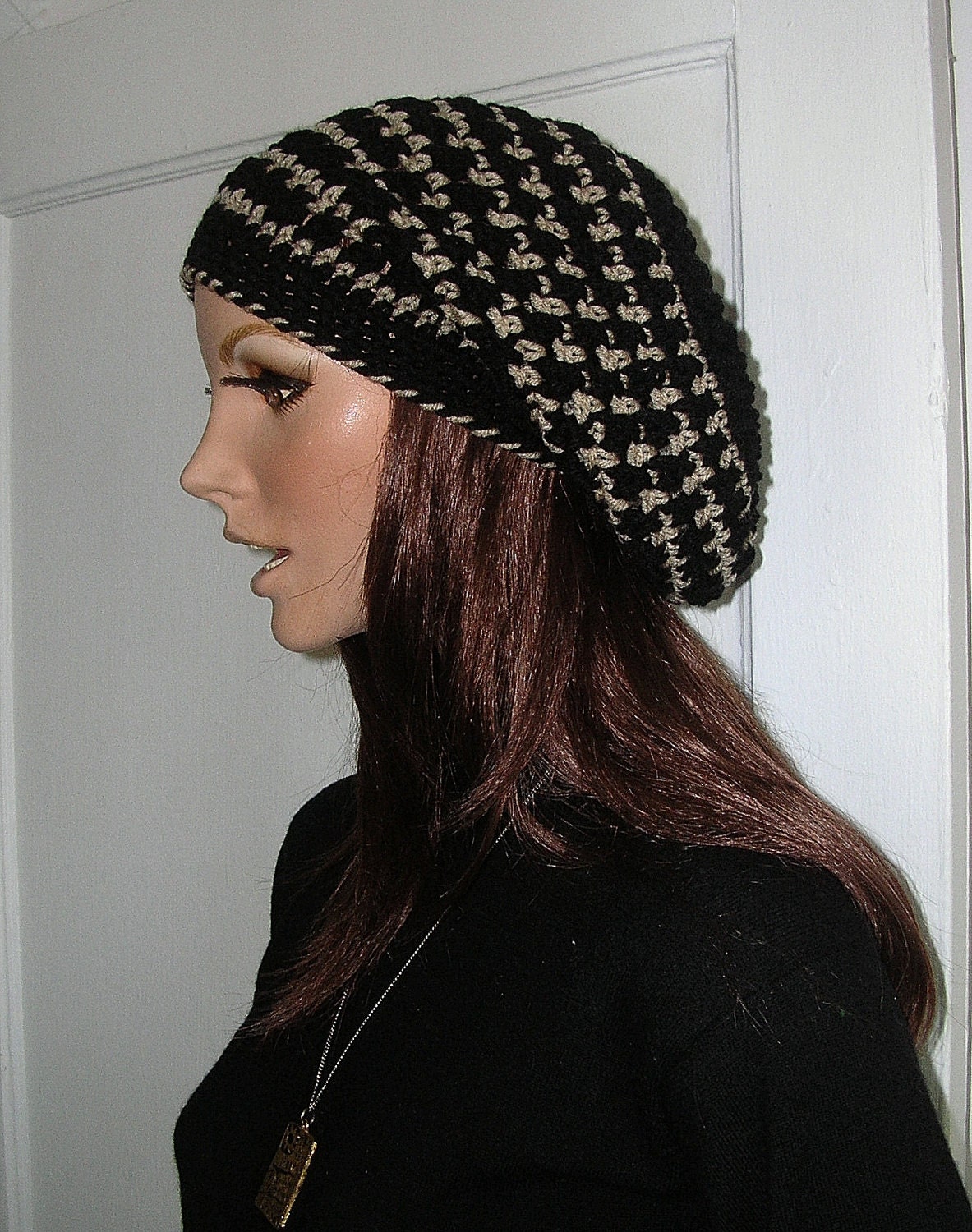 New Design - Crochet Hat - Rasta - Slouchy Beret - Snood - Black and Khaki