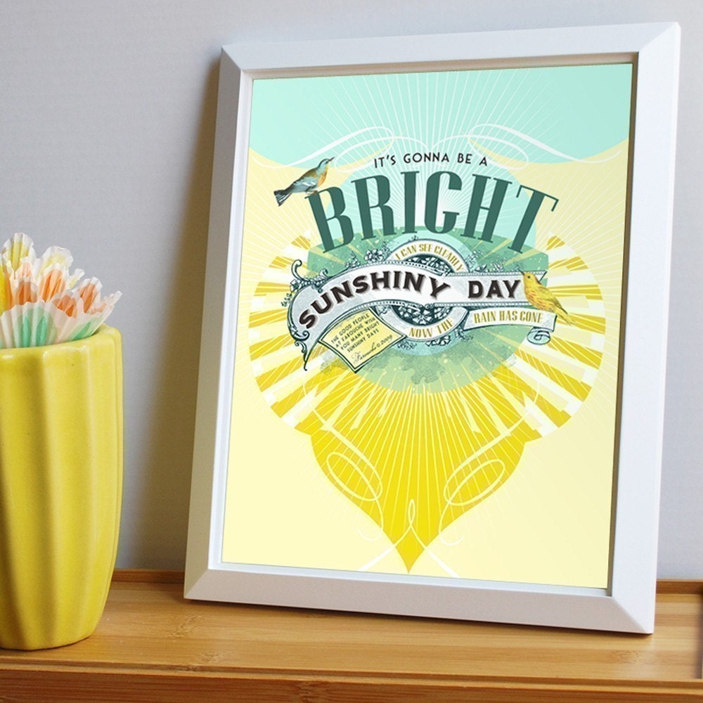 Wall Print Poster - Bright Sunshiny Day - large size - yellow sunshine rain cloud blue bird song lyrics kitchen art home nursery