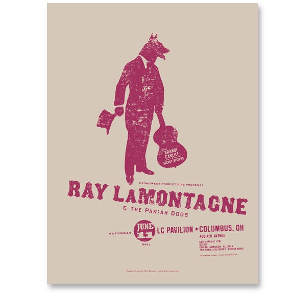 Ray LaMontagne w Brandi Carlile concert poster, dog, guitar, silkscreen Columbus Ohio gigposter screenprinted by hand.