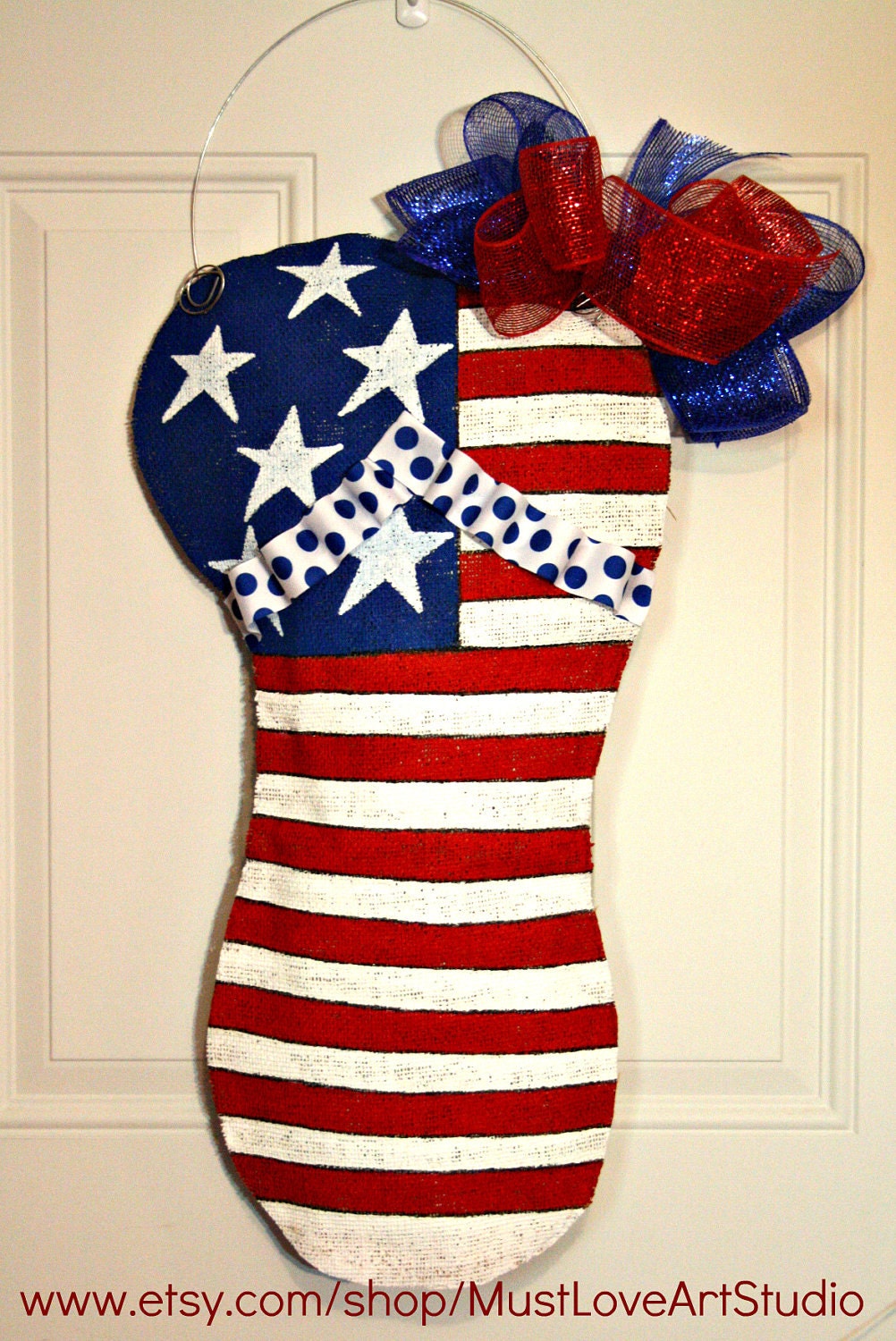 Patriotic Fourth of July Flip Flop Burlap Door Hanger Decoration HUGE 2 ft  - Military Summer
