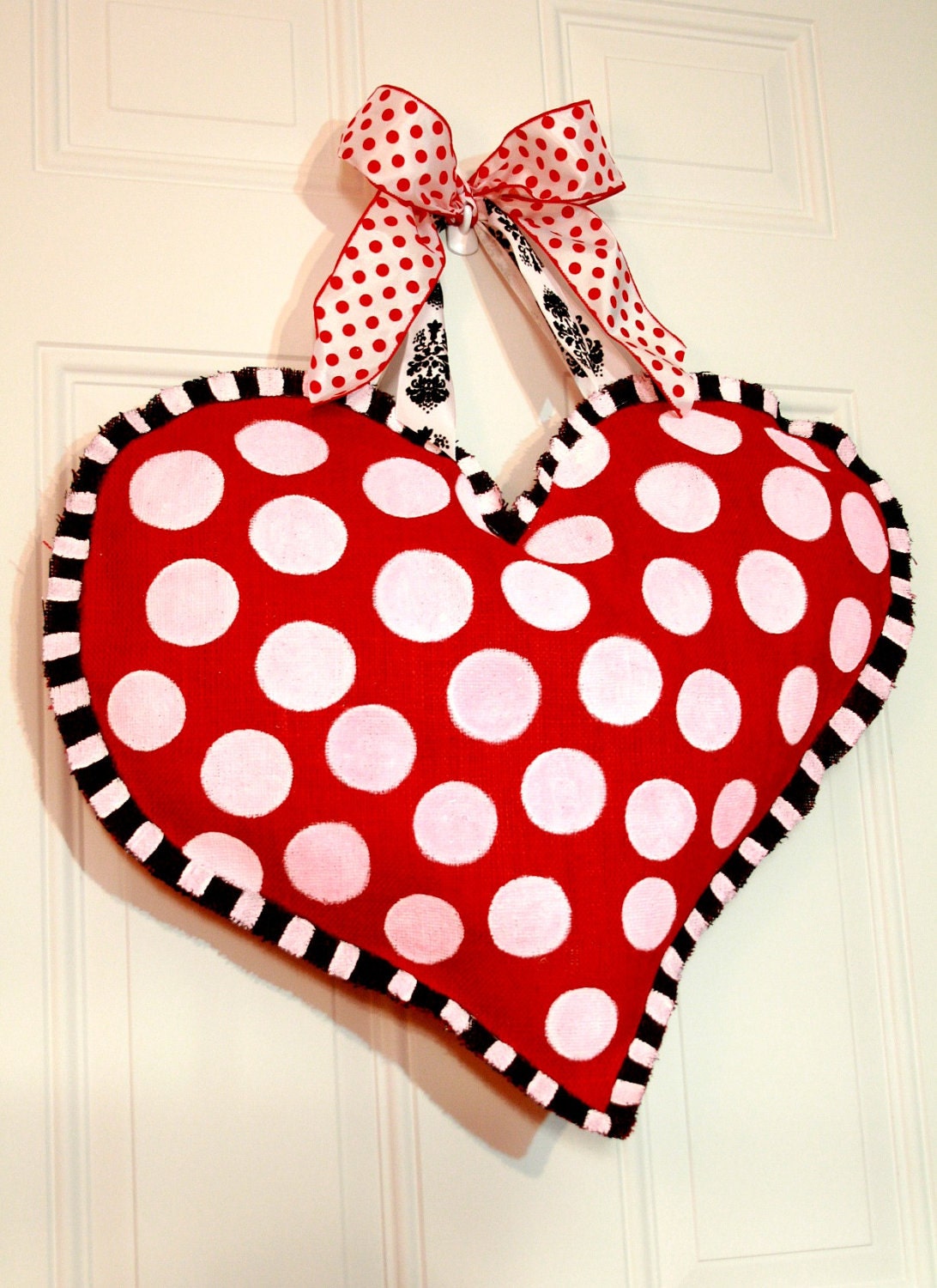 Hand Painted Valentine's Burlap Heart Door Hanger Decoration HUGE 2 ft x 21"
