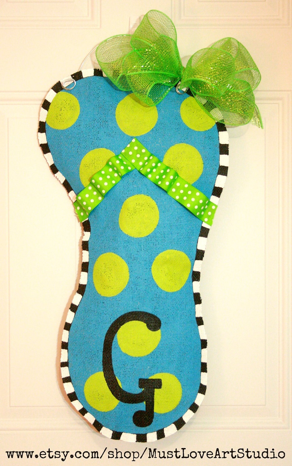 Flip Flop Burlap Door Hanger Decoration HUGE 2 ft - Spring Summer Polka Dots Turquoise Lime Green