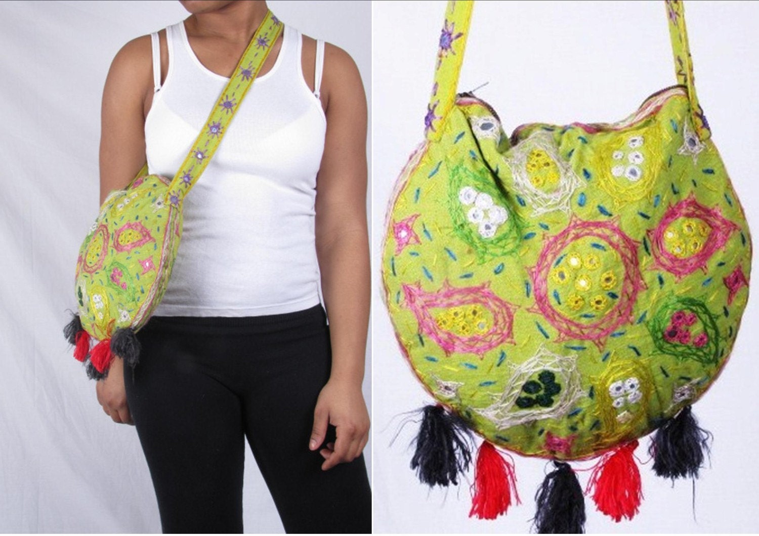 sale Vintage Green Ethnic Cotton Jeweled Indian Tribal Bohemian across body strap handle bucket tote shoulder bag handbag bag