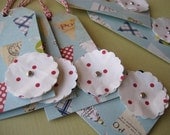 Baby Shower Bunting Paper Flower Gift Tags Set of 6 - Blue Red Polka Dot Birthday Recycled paper flowers Pretty