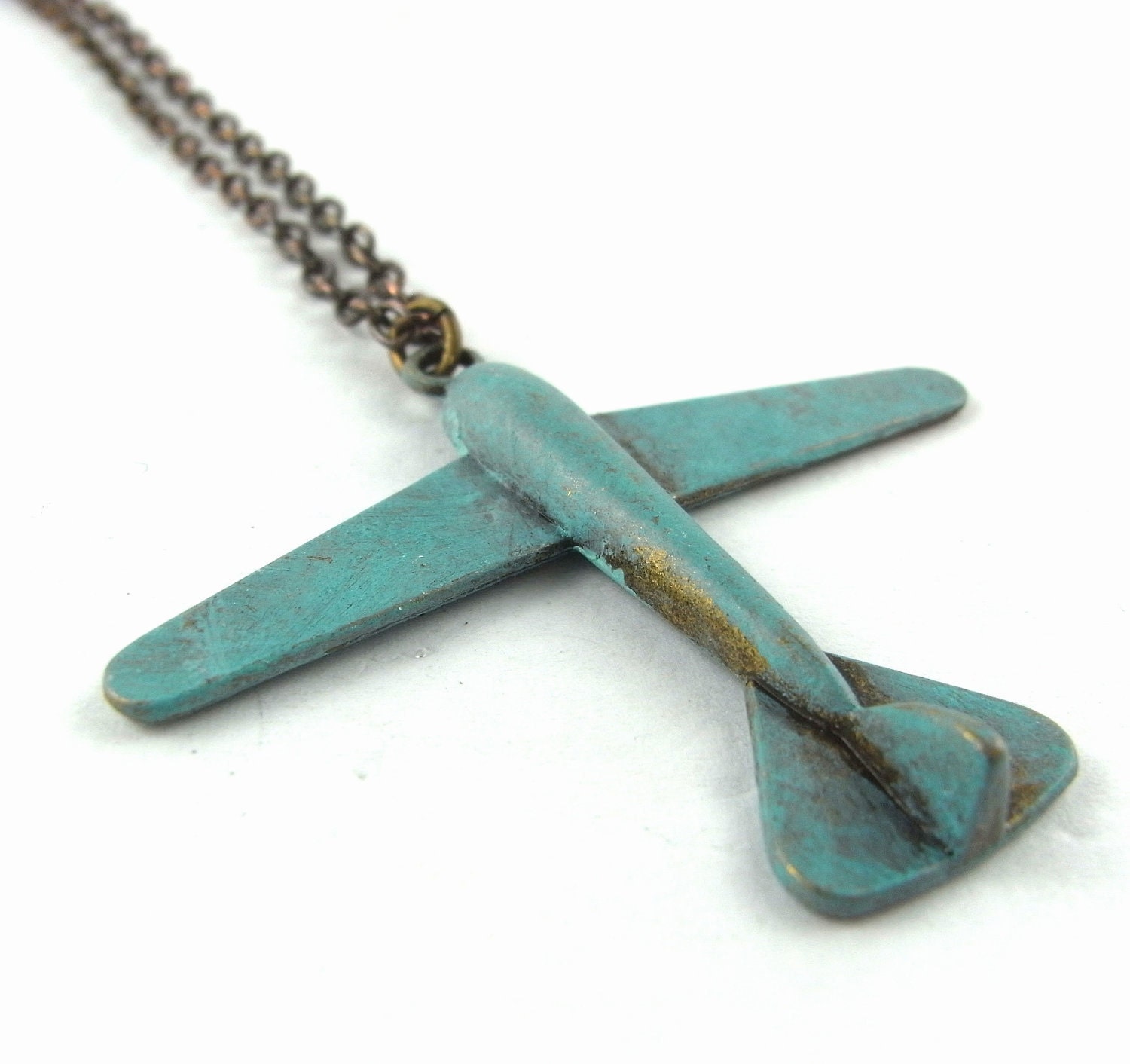 Necklace - VIntage Airplane Teal Patina Bronze Plane Charm