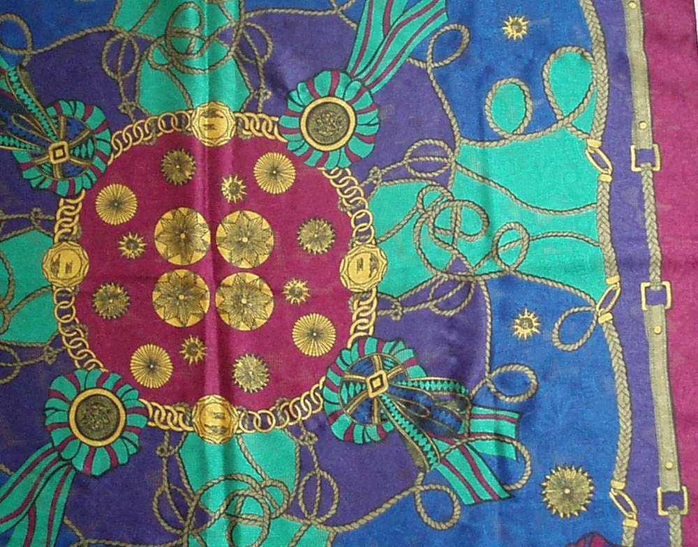 Vintage 1980 Designer Fashion Leslie Fay Equestrian Print Bright Color block Scarf