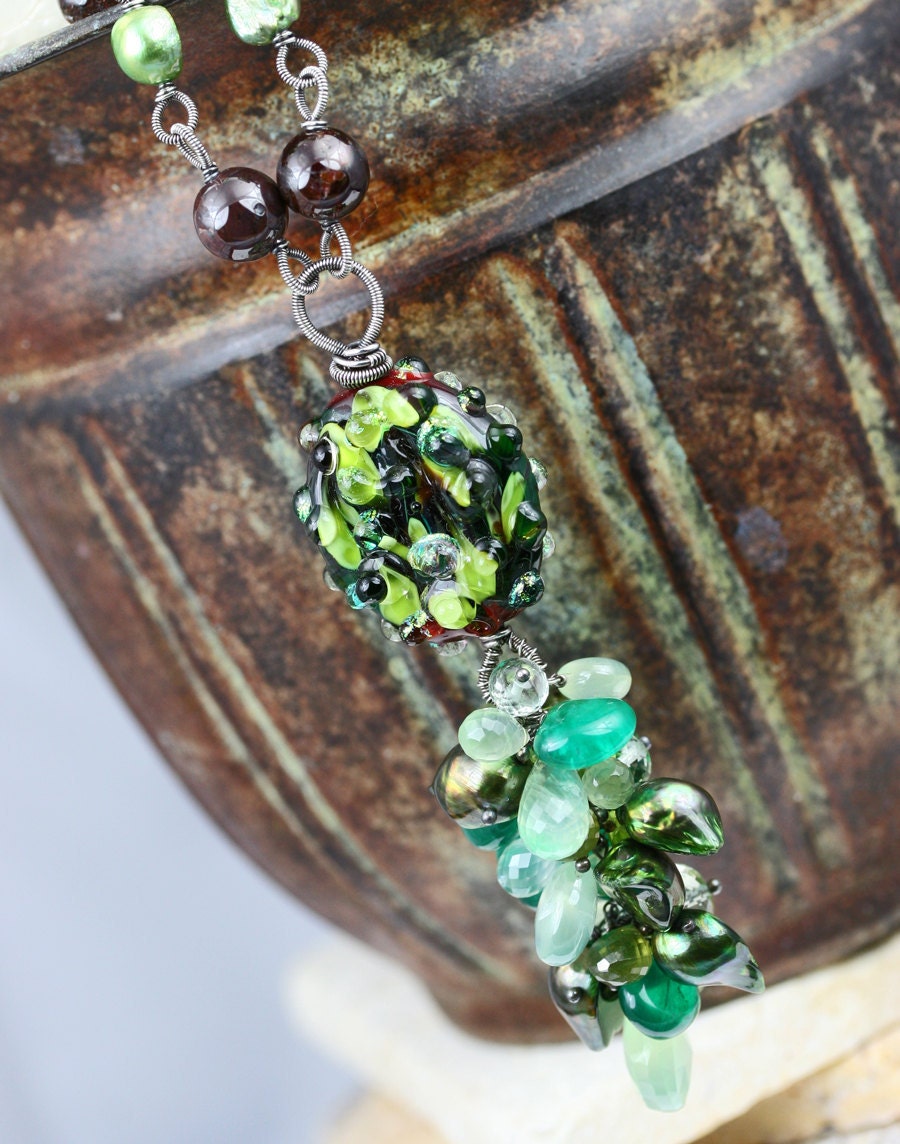 oOo SALE oOo - 60% off - Glass Lampwork Gemstone Cluster Oxidized Sterling Silver Wire Wrapped Necklace - The Jardin