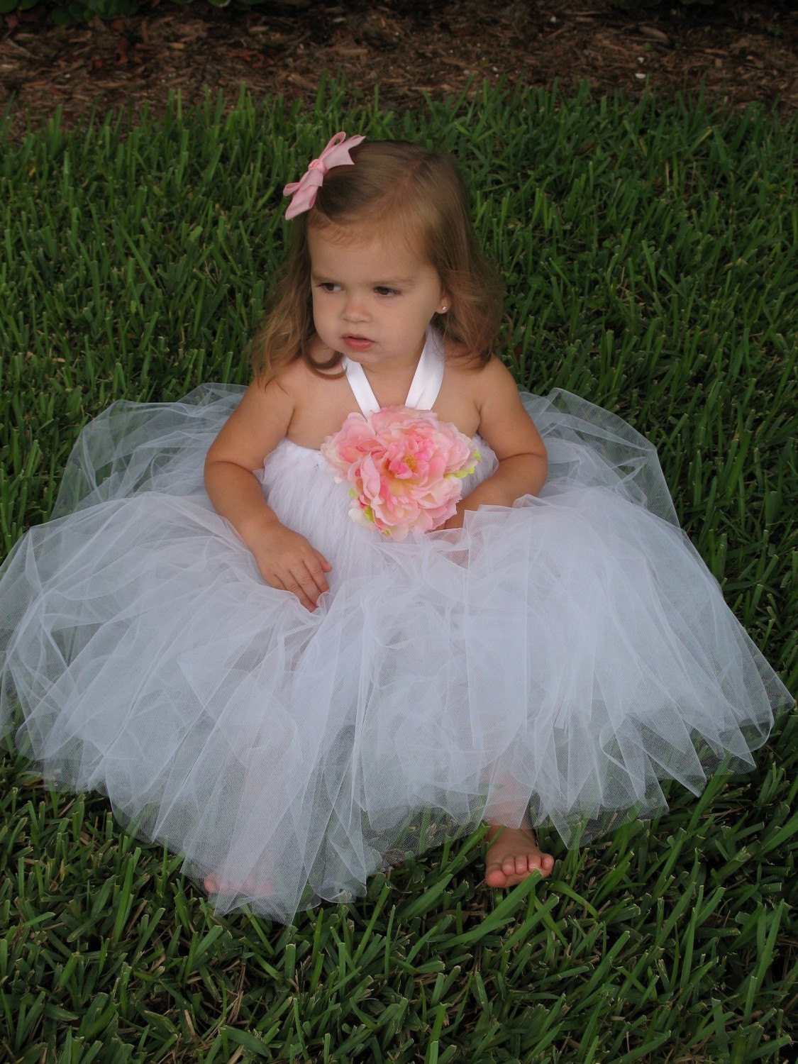 White TuTu Dress w/light pink peony. CUSTOM COLOR tutu dress, Flower Girl tutu, Baby tutu, Custom Girls tutu, Birthday tutus, Wedding tutu