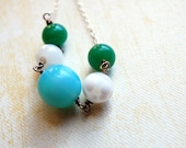 Aqua green white spotted vintage glass necklace. Spring. One of a kind
