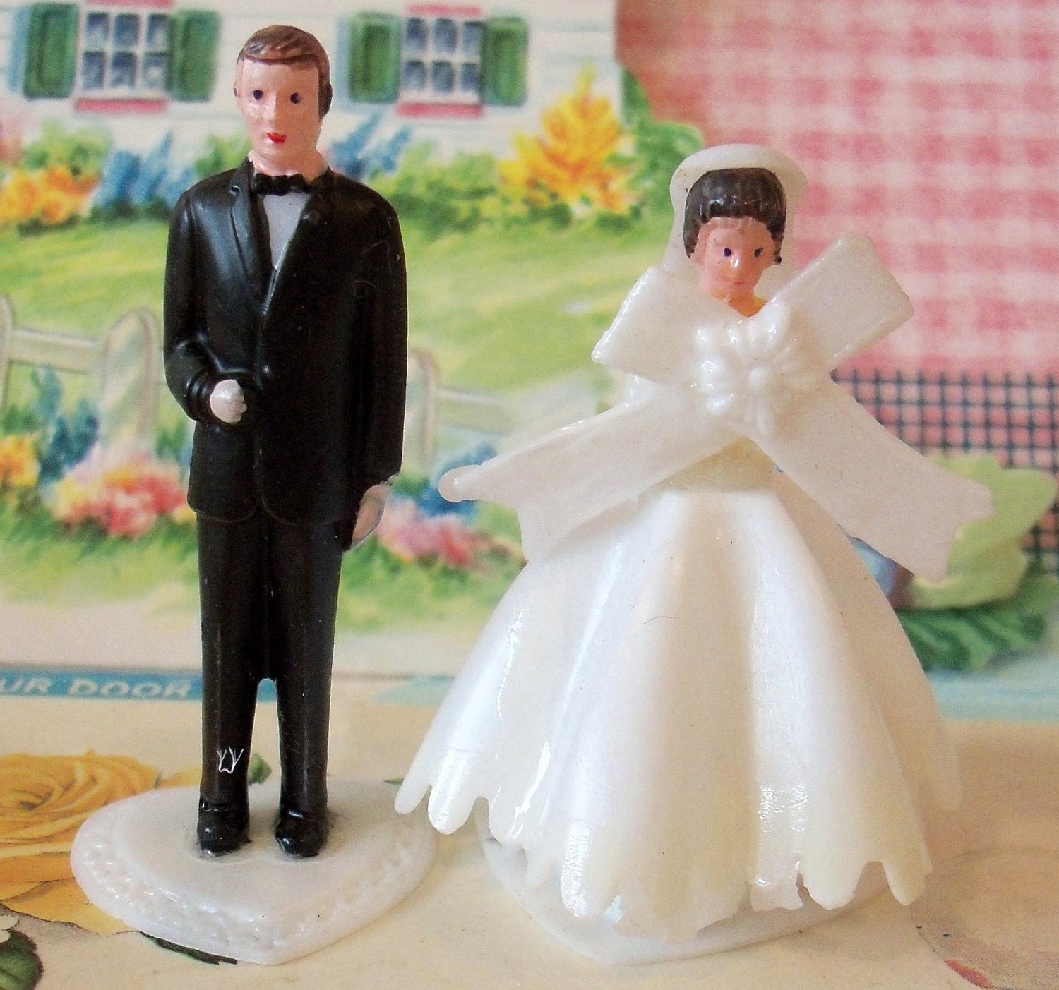 Vintage / Wedding Cupcake Toppers / Miniature Bride and Groom / Set of Two / Pedestal Included
