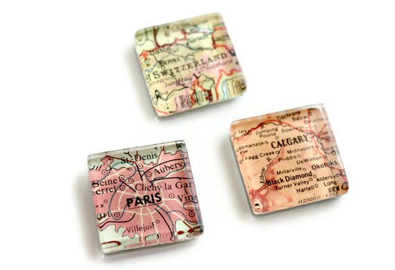 Custom Map Magnets - Made from Glass, Vintage and Repurposed Atlases, Maps
