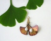 Ginkgo Pendant with Pearl, Copper Brown Matte Patina, Gold filled wire. No. 202mc