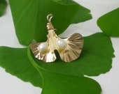 Ginkgo Pendant with Pearl, Gold filled, Freshwater Pearls, No. 202gf