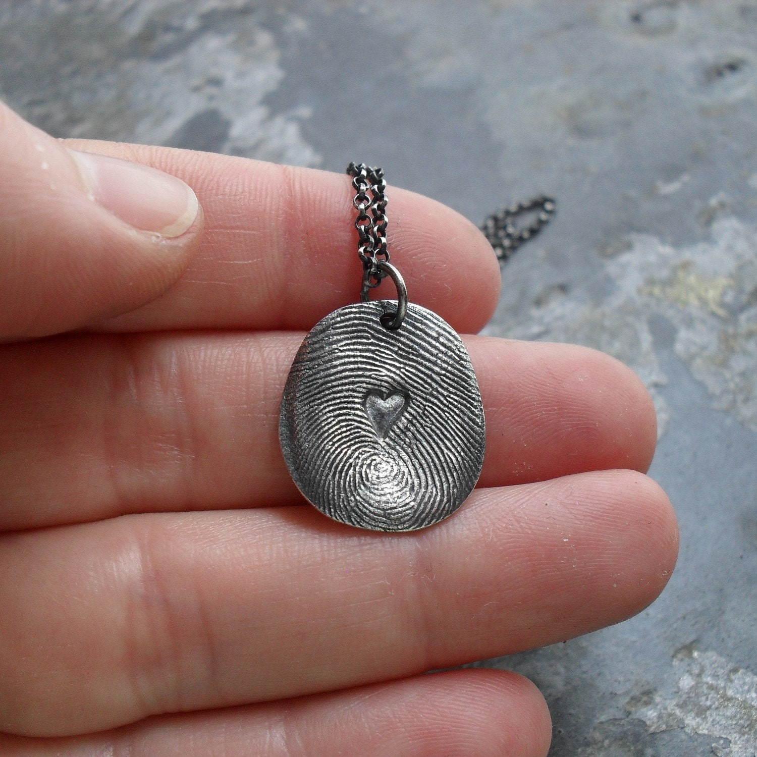 Fingerprint Necklace - Fine Silver Print Charm with Heart in Middle on Sterling Silver Rollo Chain