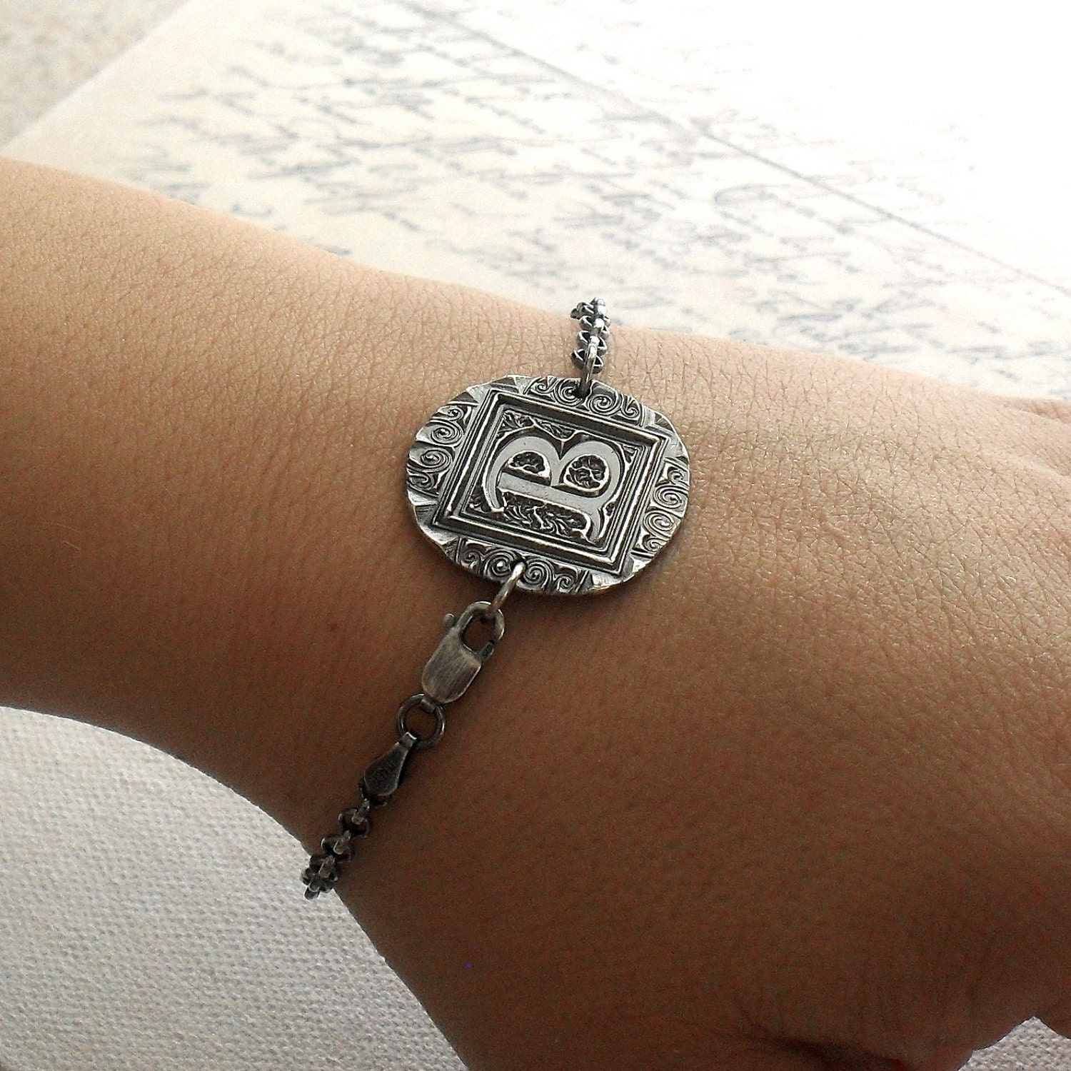 Olde World Rustic Initial Bracelet in Fine Silver on Sterling Silver Chain 7 inch READY TO SHIP