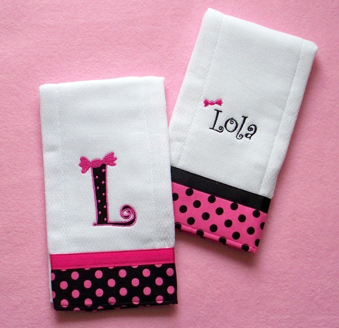 Personalized Burp Cloth Set Pink Polka Dots