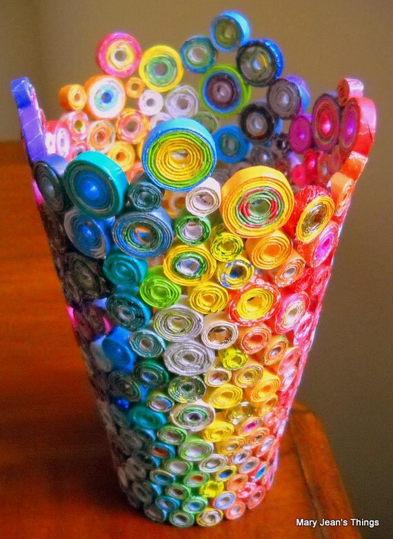 Upcycled Rainbow Vase Sculpture made from Magazines, Candy Wrappers, Catalogs & Coupon Circulars