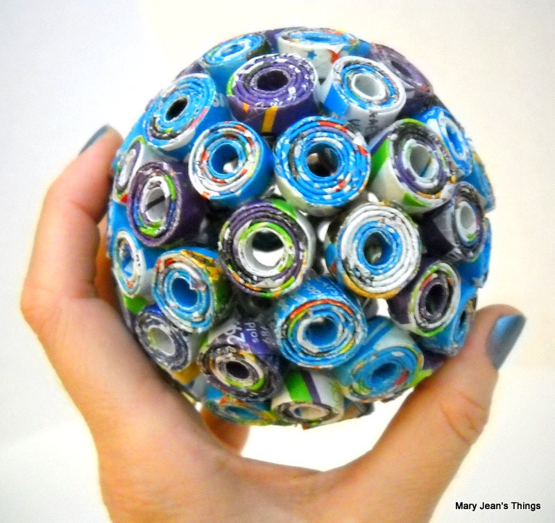 Paper Ball Repurposed from Christmas Toy Catalog Blue/Purple OOAK Free Shipping