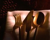 gold cream rose black brass photograph knife fork and spoon abstract still life PLACEMENT silverware table