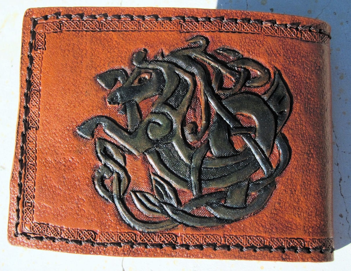 Hand Tooled Leather Wallet- Celtic Sea Horse/Sea Monster