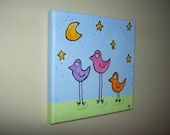 Purple, Pink and Orange Birds at Night with Moon and Stars