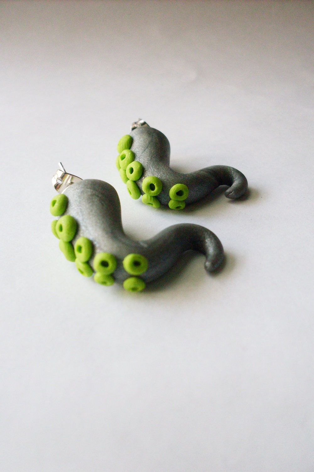 Silver and Green Tentacle Stud Earrings
