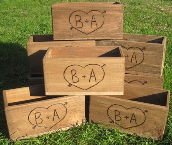 8 Large Rustic Wedding Wooden Barnwood Box Centerpiece Flowers Personalized Woodburned Initials