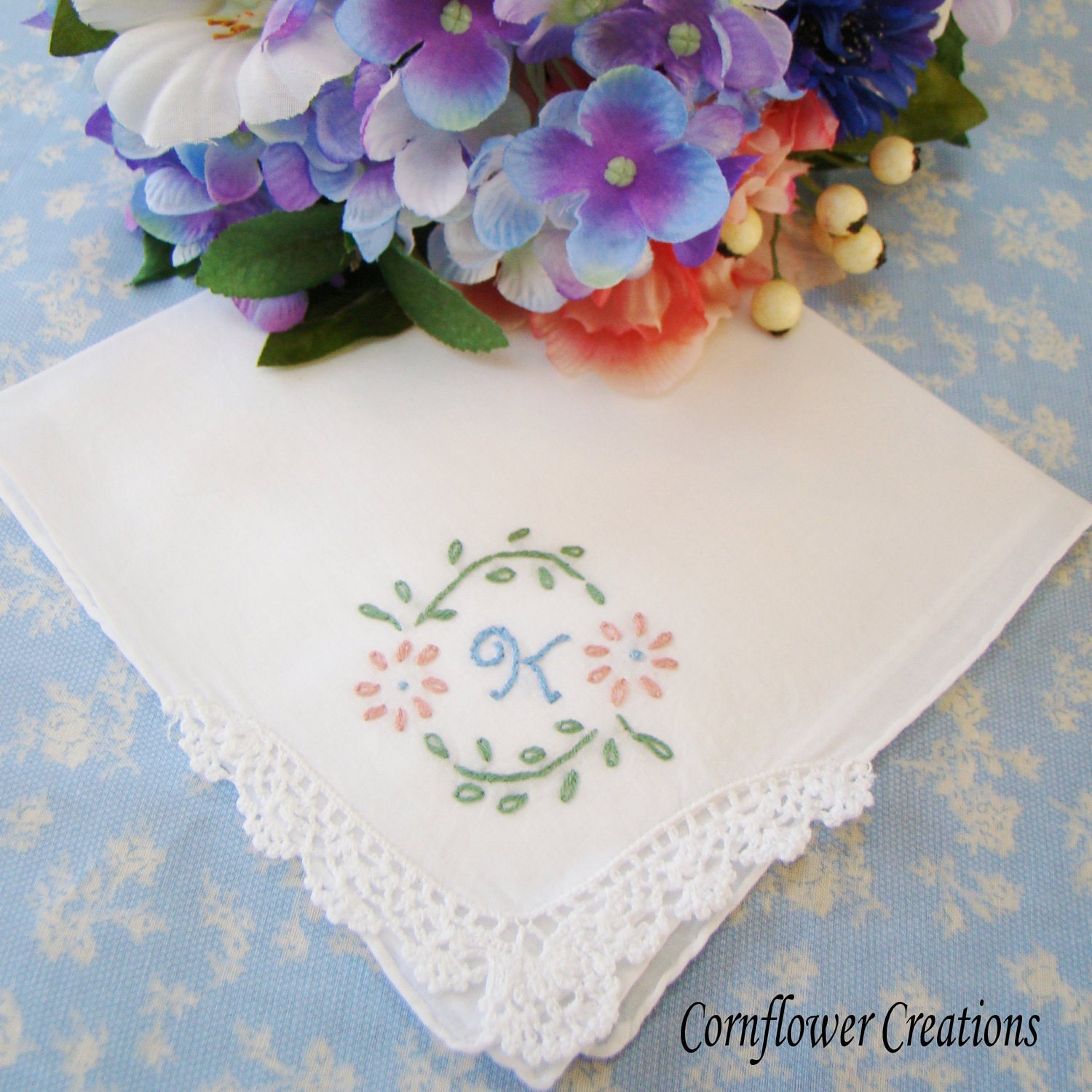 Monogrammed Wedding Handkerchief - Pick Your Flower Colors