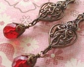 Art Deco Earrings  Long Red Filigree Earrings Shabby Chic Cottage Style Mothers Day Outdoor Wedding Garden