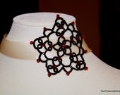 Black Tatted Lace Flower with Red Swarovski crystals on a cream ribbon - Choker, Headband, or Sash