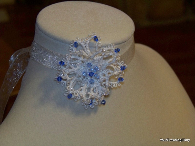 Tatted White Lace Flower with Blue and Clear Swarovski crystals on a Sheer Ribbon Headband - The Snow Queen
