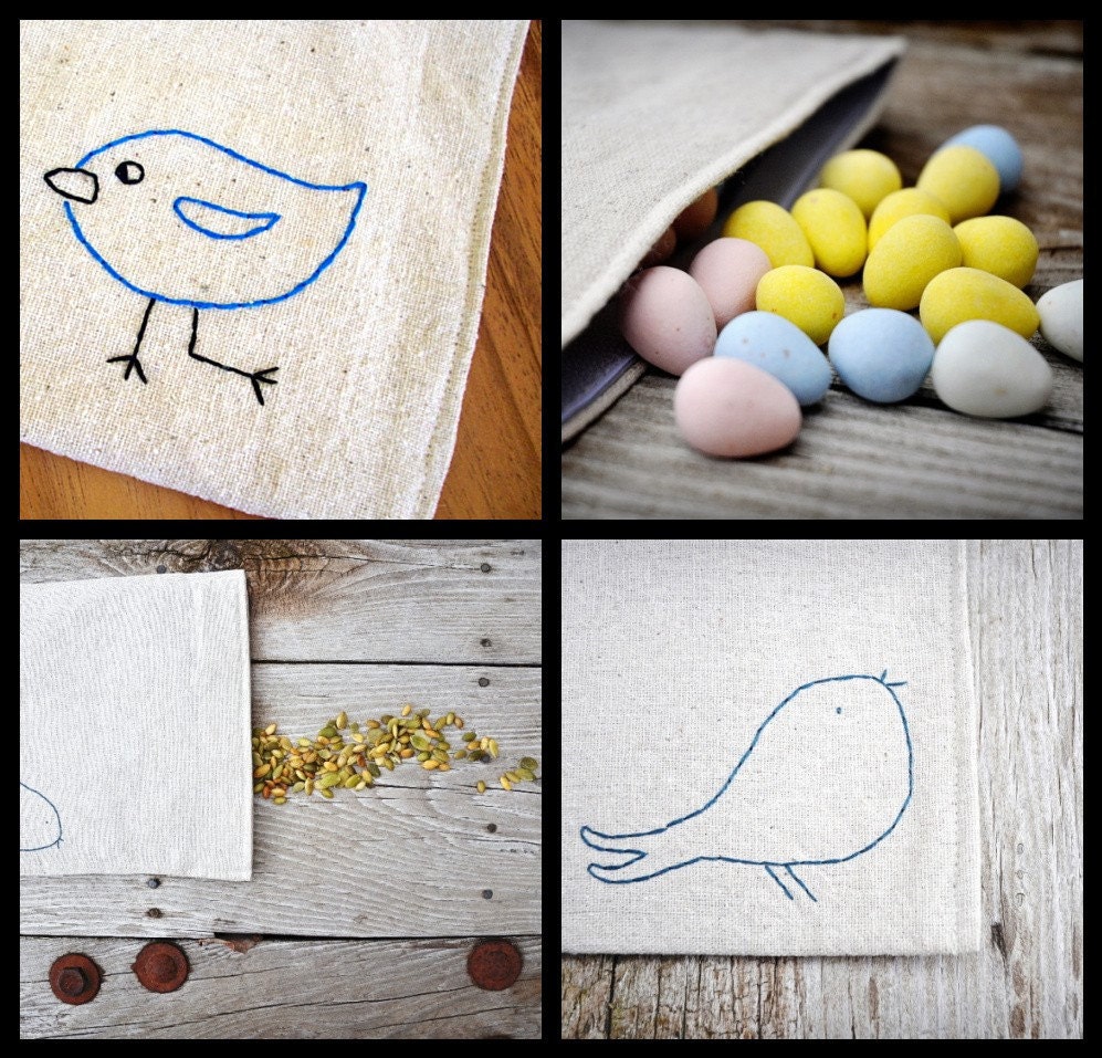 Reusable Snack Bag - Reusable Sandwich Bag - Set of 2 - Hand Embroidered - Birds - Eco Friendly