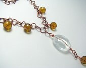 Long Antiqued Copper Chain Necklace with Faceted Glass Beads in Clear and Gold