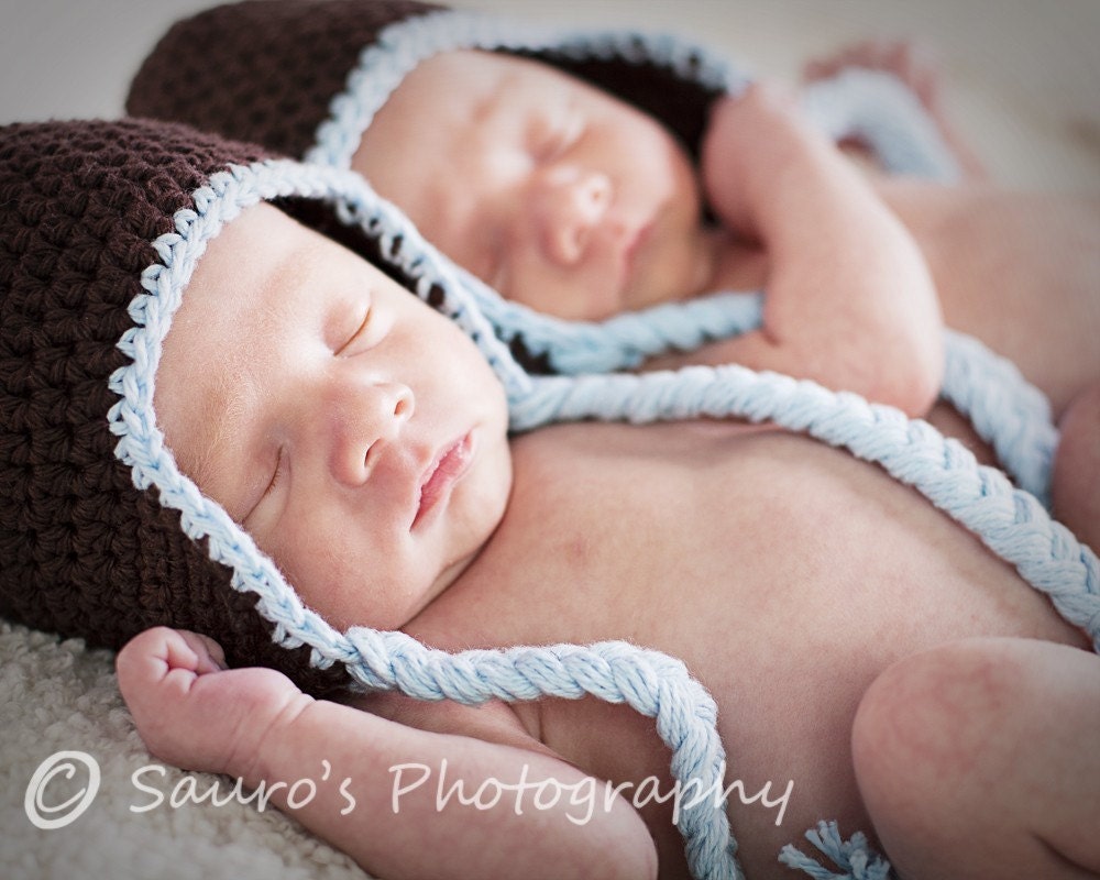 Newborn Townie Earflap (Brown, Baby Blue)