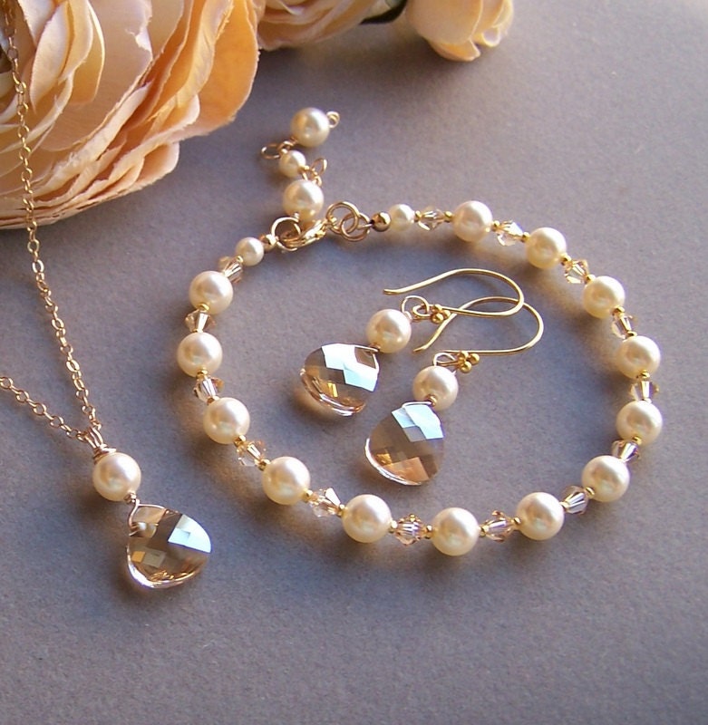 Bridesmaids Gifts -  Necklace, Bracelet and Earrings set - Three Pieces Set -  14k Gold Filled and CRYSTALLIZED Swarovski Elements - 1093