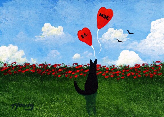Black Cat BE MINE Valentine Limited Edition reproduction Print of Todd Young painting