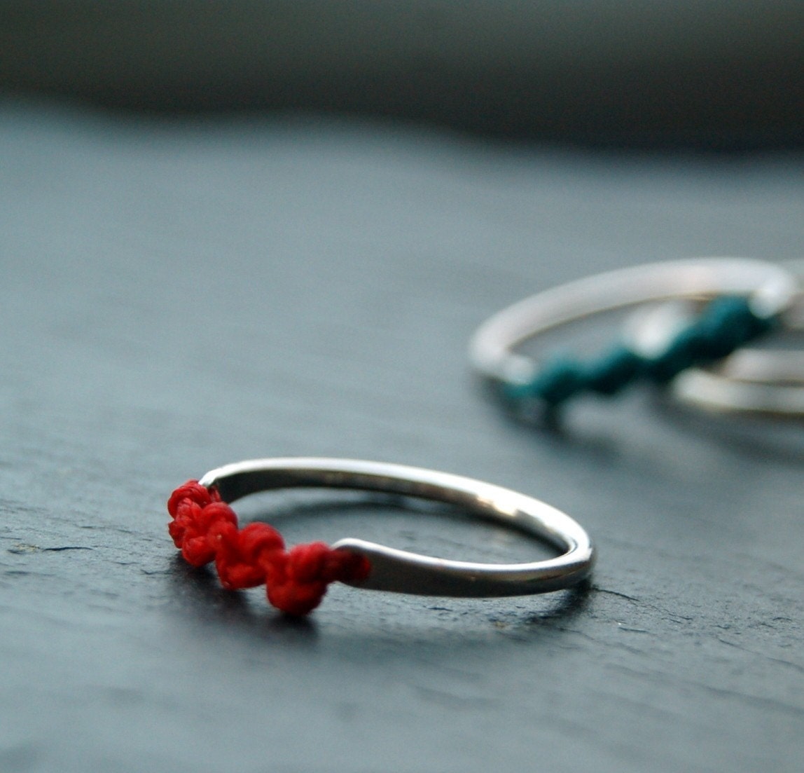 Back to roots stacking silver and thread  macrame ring,
